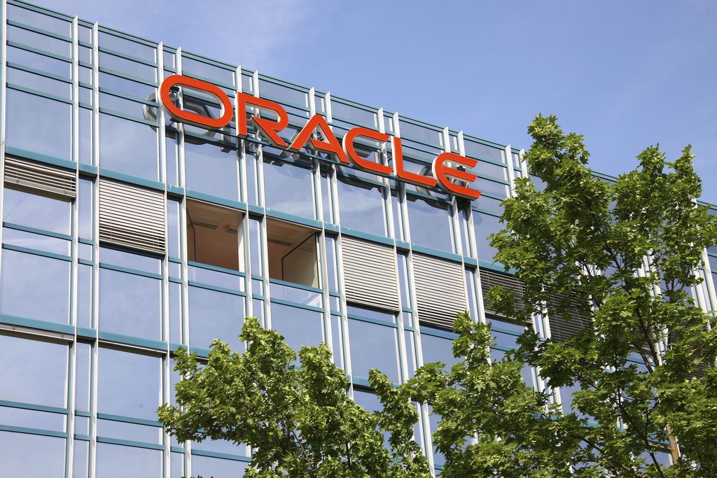 Company sign Oracle on an office building, Germany